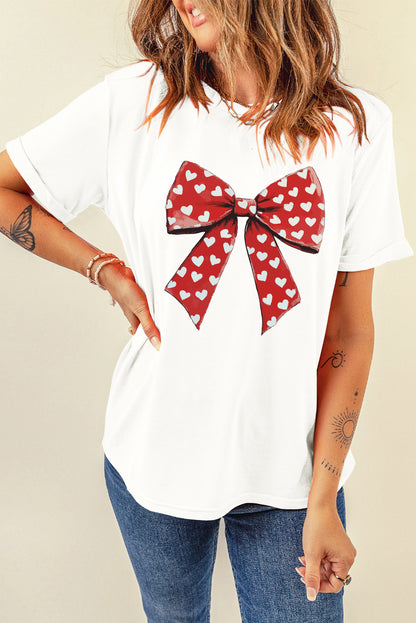 Heart Bow Printed Crewneck Valentines T Shirt | White