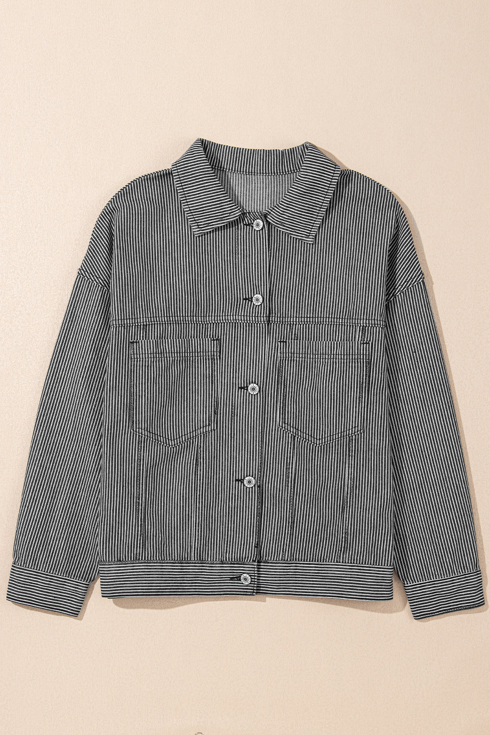 Washed Oversize Pocketed Denim Jacket | Blue Stripe