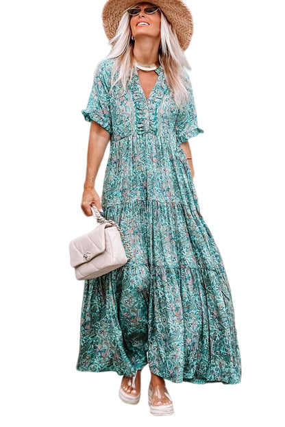 Paisley Print Boho Holiday Ruffle Tiered Maxi Dress | Sky Blue