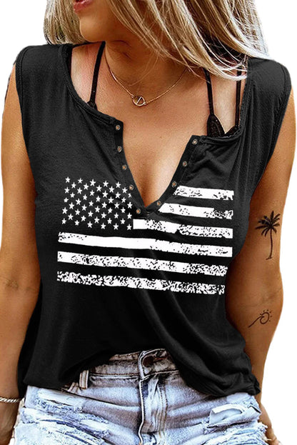 American Flag Print Split V Neck Sleeveless Top | Black