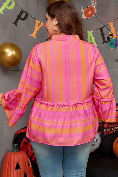 Plus Size Geometric Printed Bell Sleeve Babydoll Blouse | Vitality Orange