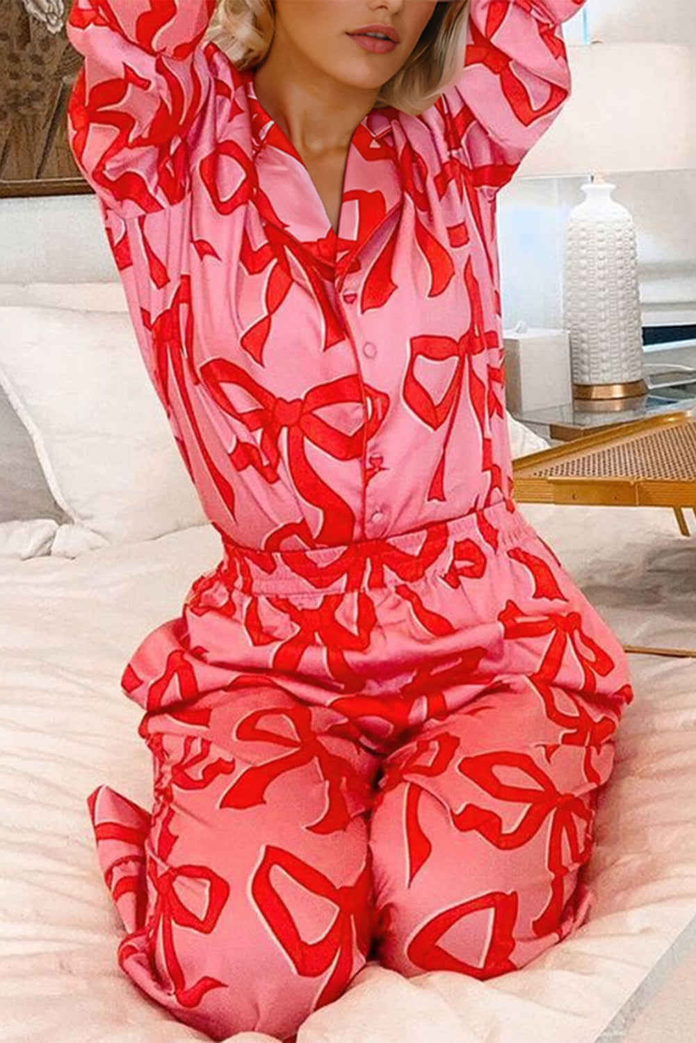 2Pcs Bow Print Shirt Style Long Sleeve Pajama Set | Pink