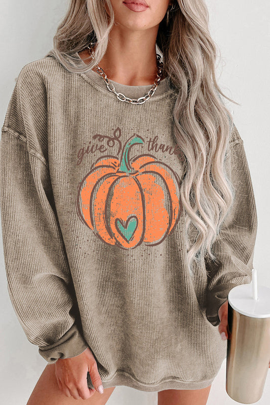 Khaki Give Thanks Pumpkin Graphic Corded Sweatshirt