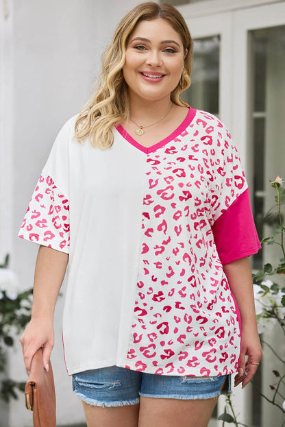 Plus Size Leopard Patchwork Short Sleeve Top | Rose