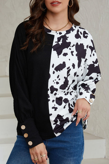 Cow Patchwork Waffle Knit Long Sleeve Top | Black