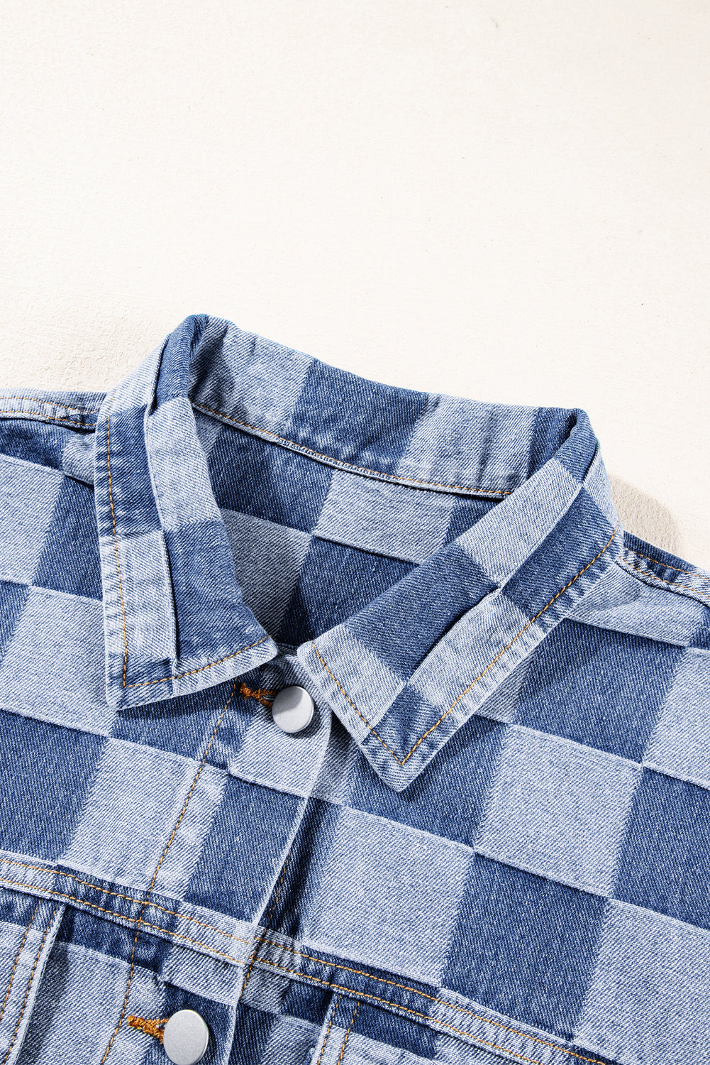 Checkered Patchwork Button Up Denim Jacket | Light Blue