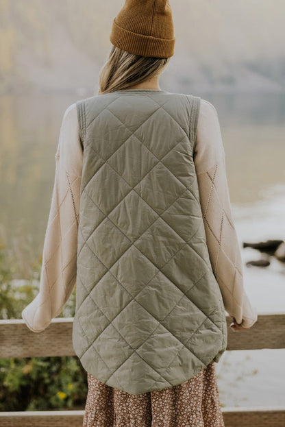 Quilted Long Vest Jacket With Pockets | Grass Green