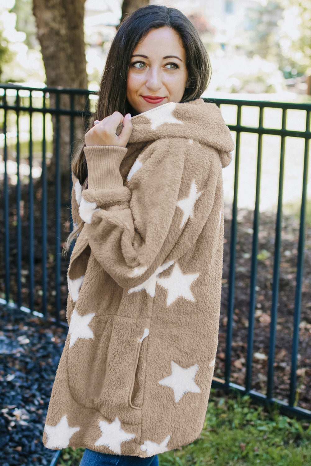 Lapel Collar Scatter Star Fuzzy Coat | Khaki