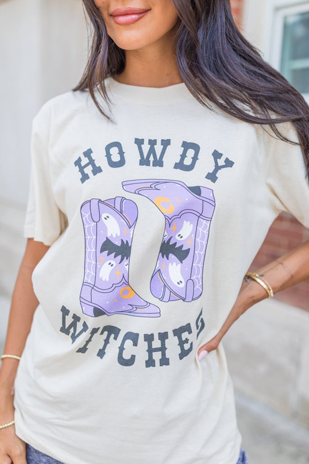 Howdy Witches Halloween Boots Crewneck T Shirt | White