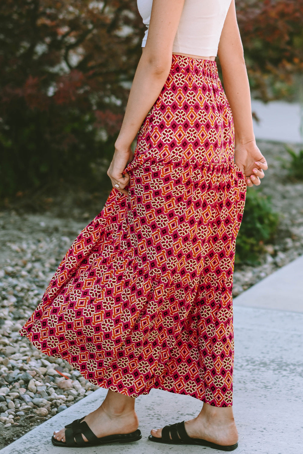 Vintage Boho Floral Print Tiered Maxi Skirt | Rose