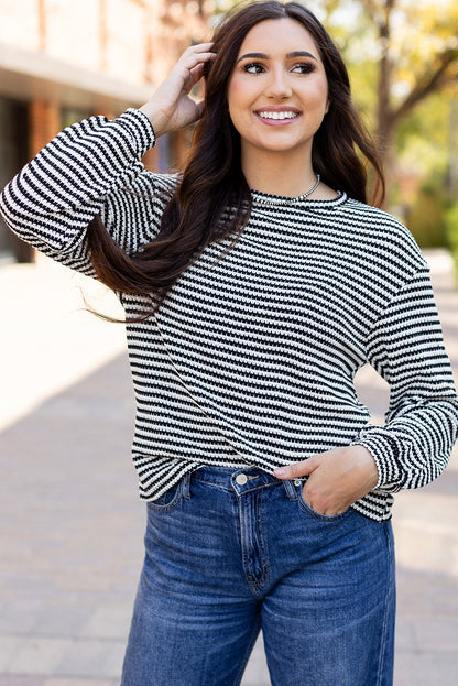 Round Neck Drop Shoulder Long Sleeve Top | Black Stripe