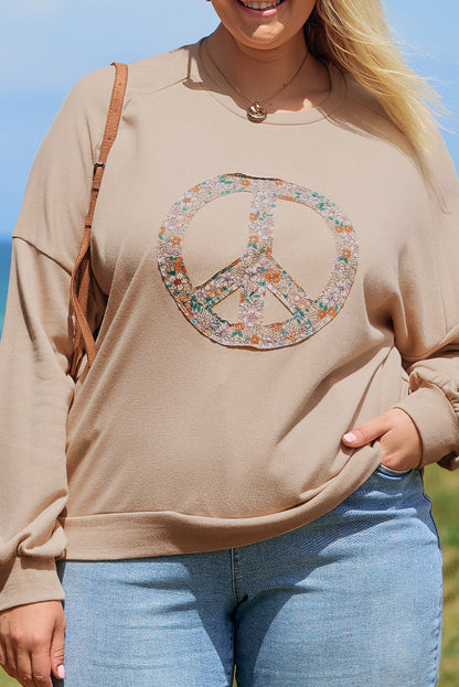 Floral Peace Sign Graphic Washed Terry Plus Size Sweatshirt | Pale Khaki