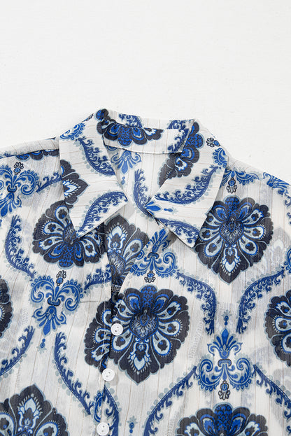 Tribal Pattern Buttoned Front Loose Shirt | Blue