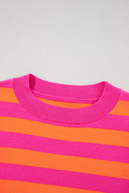 Shoulder Pad Round Neck Sweater | Rose Stripe