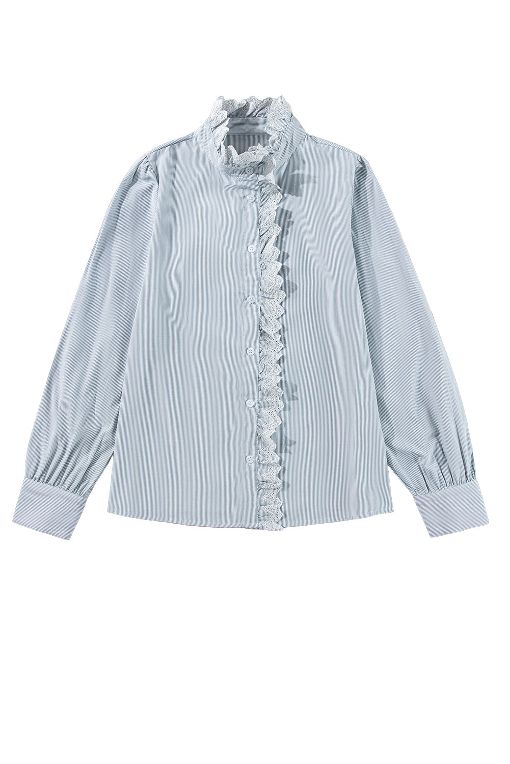 Frilled Trim Button Up Long Sleeve Shirt | Sky Blue Stripe