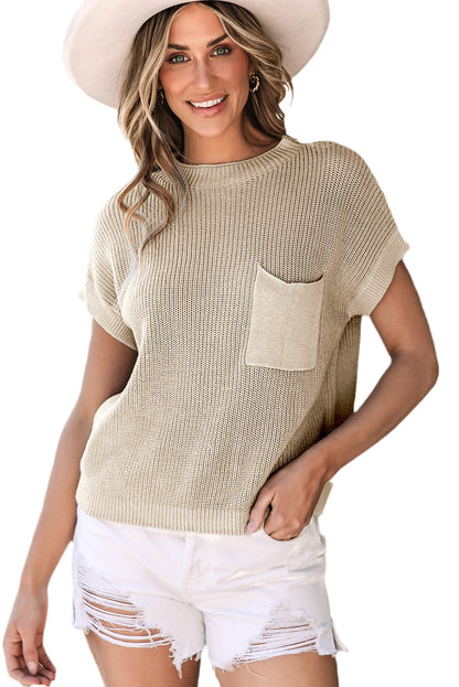 Patch Pocket Short Sleeve Sweater | Pale Khaki