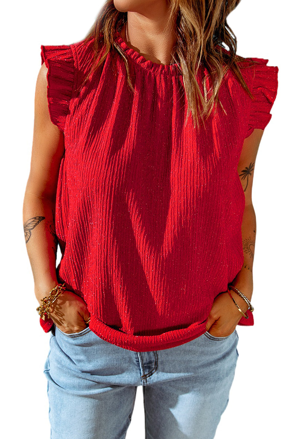 Fiery  Ruffled Ribbed O-Neck Sleeveless Top | Red