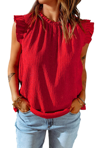 Fiery  Ruffled Ribbed O-Neck Sleeveless Top | Red