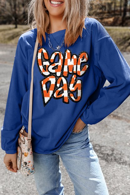 Chenille Checkered Game Day Graphic Drop Shoulder Corded Sweatshirt | Dark Blue