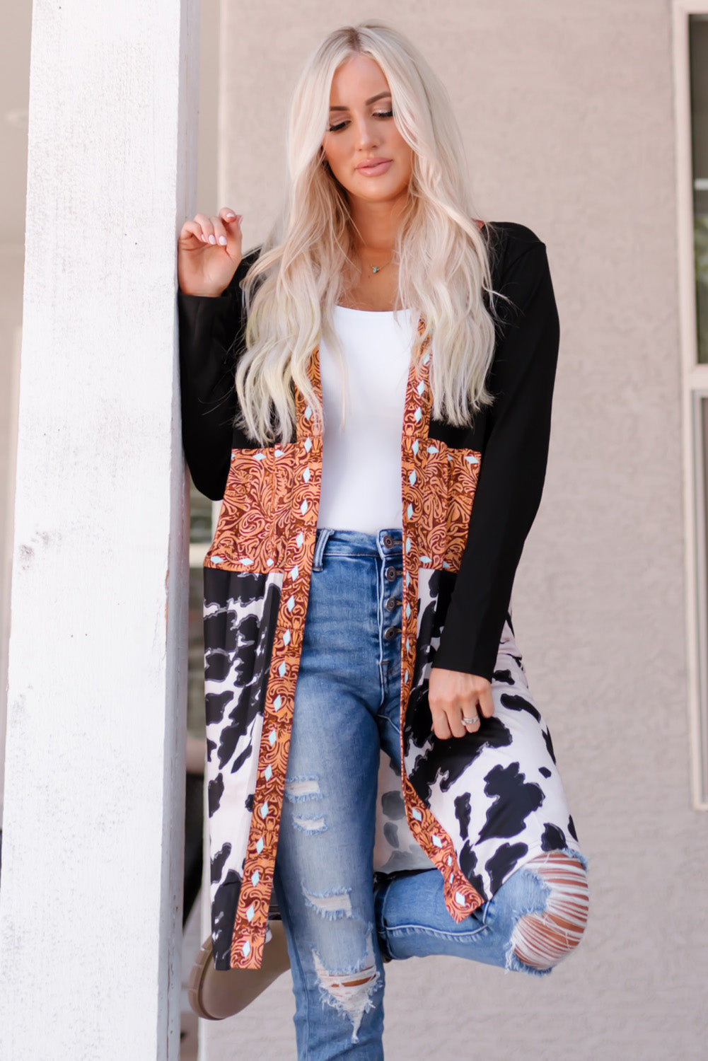 Western Pattern Cow Patchwork Open Front Cardigan | Black