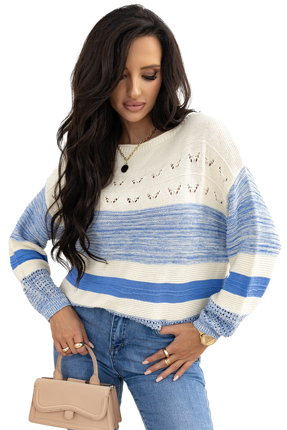 Open Stitch Puff Sleeve Sweater | Light Blue