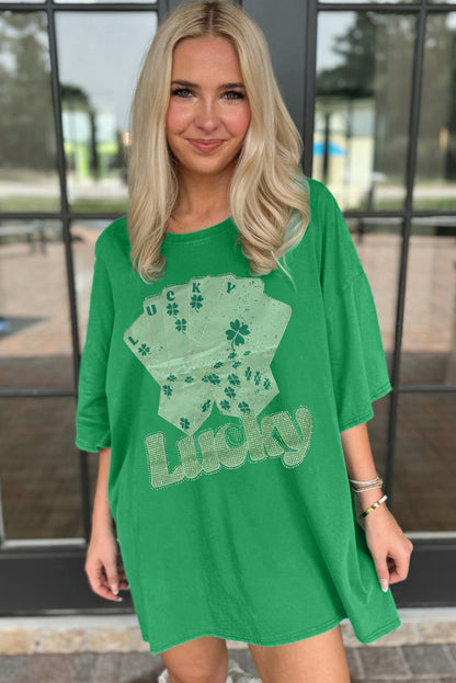 Rhinestone Lucky Poker Cards Oversized T Shirt Mini Dress | Bright Green