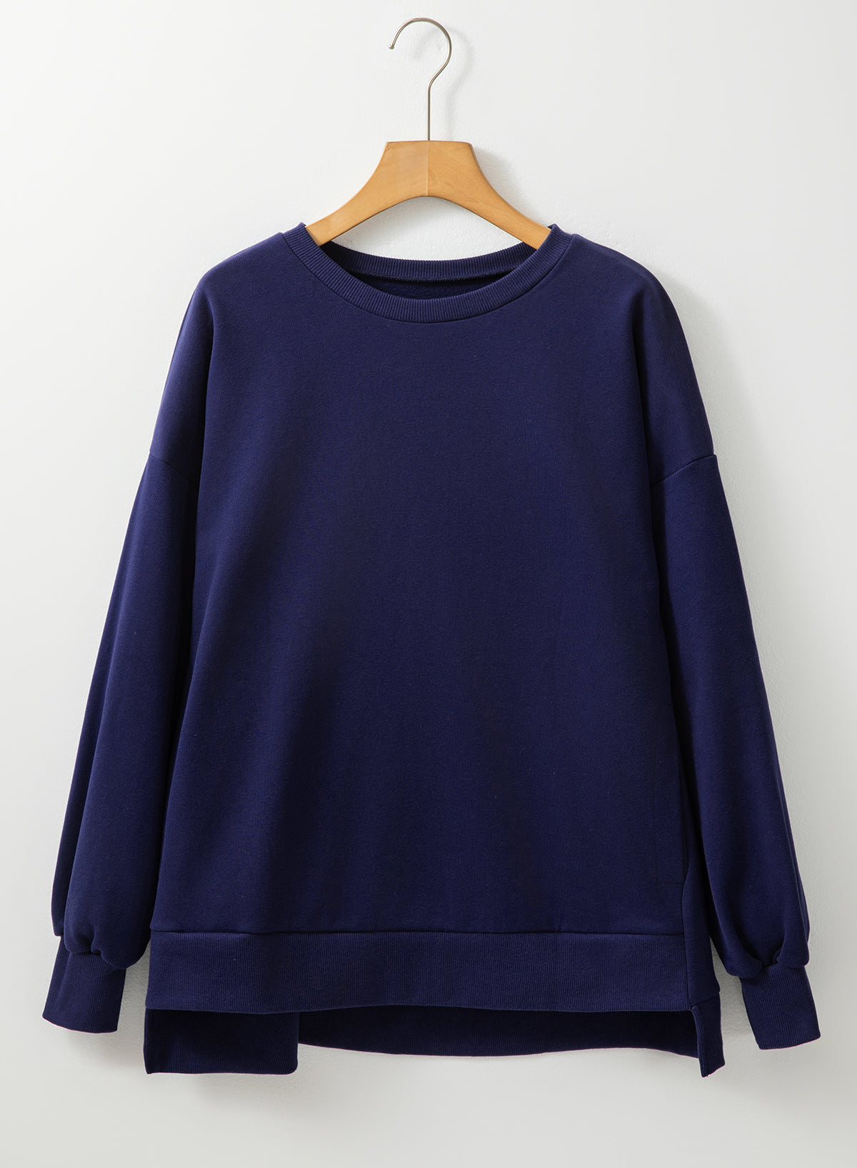 Solid Fleece Lined Drop Shoulder High Low Sweatshirt | Navy Blue