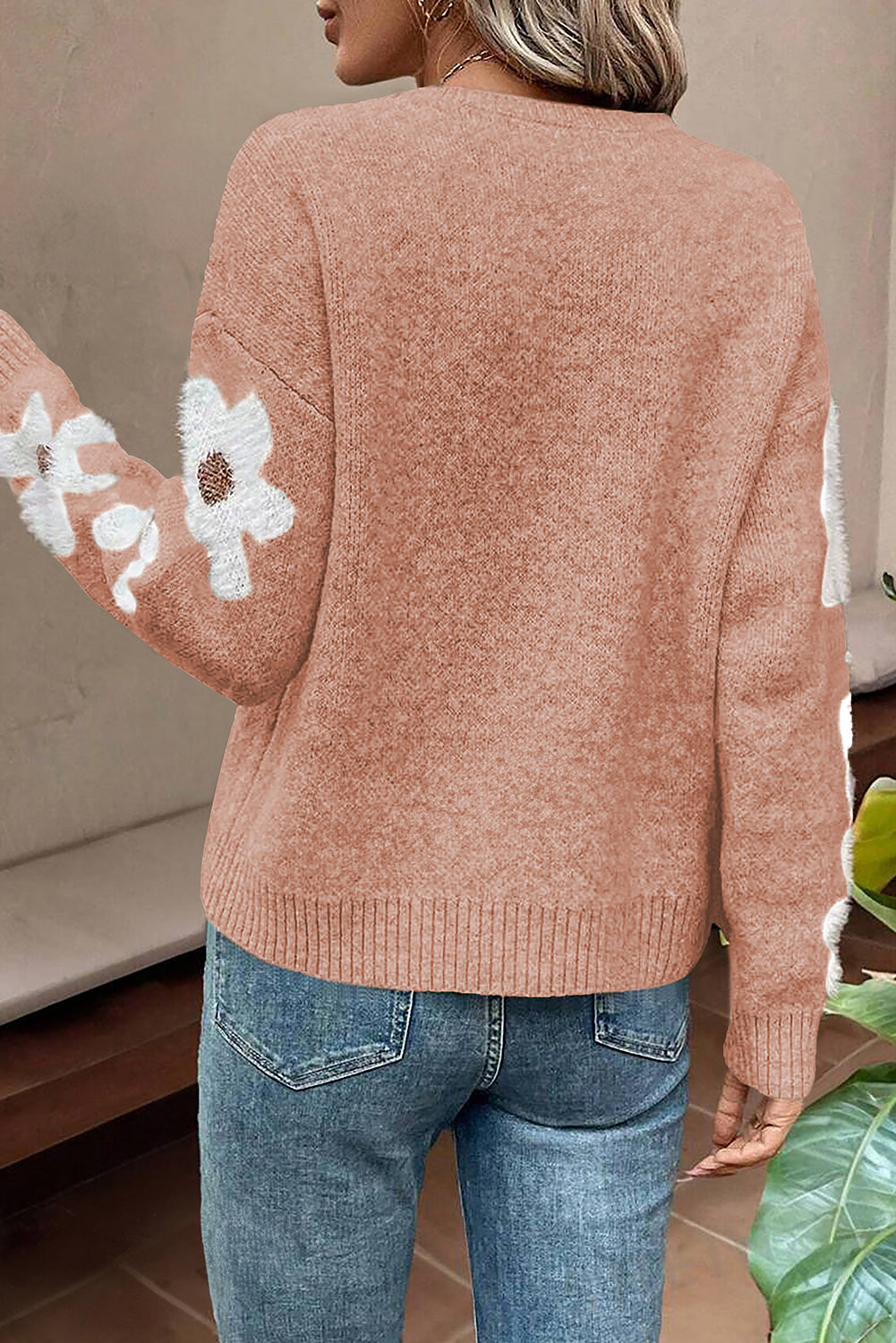 Flower Sleeve Drop Shoulder Sweater | Light Pink