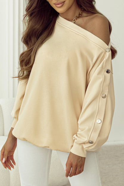 Buttoned Sleeve Dropped Shoulder Sweatshirt | Beige