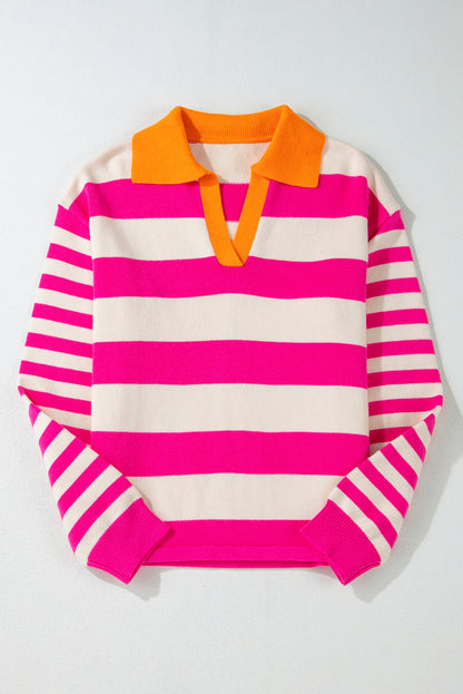 Colour Block Collared V Neck Drop Shoulder Sweater | Rose Stripe