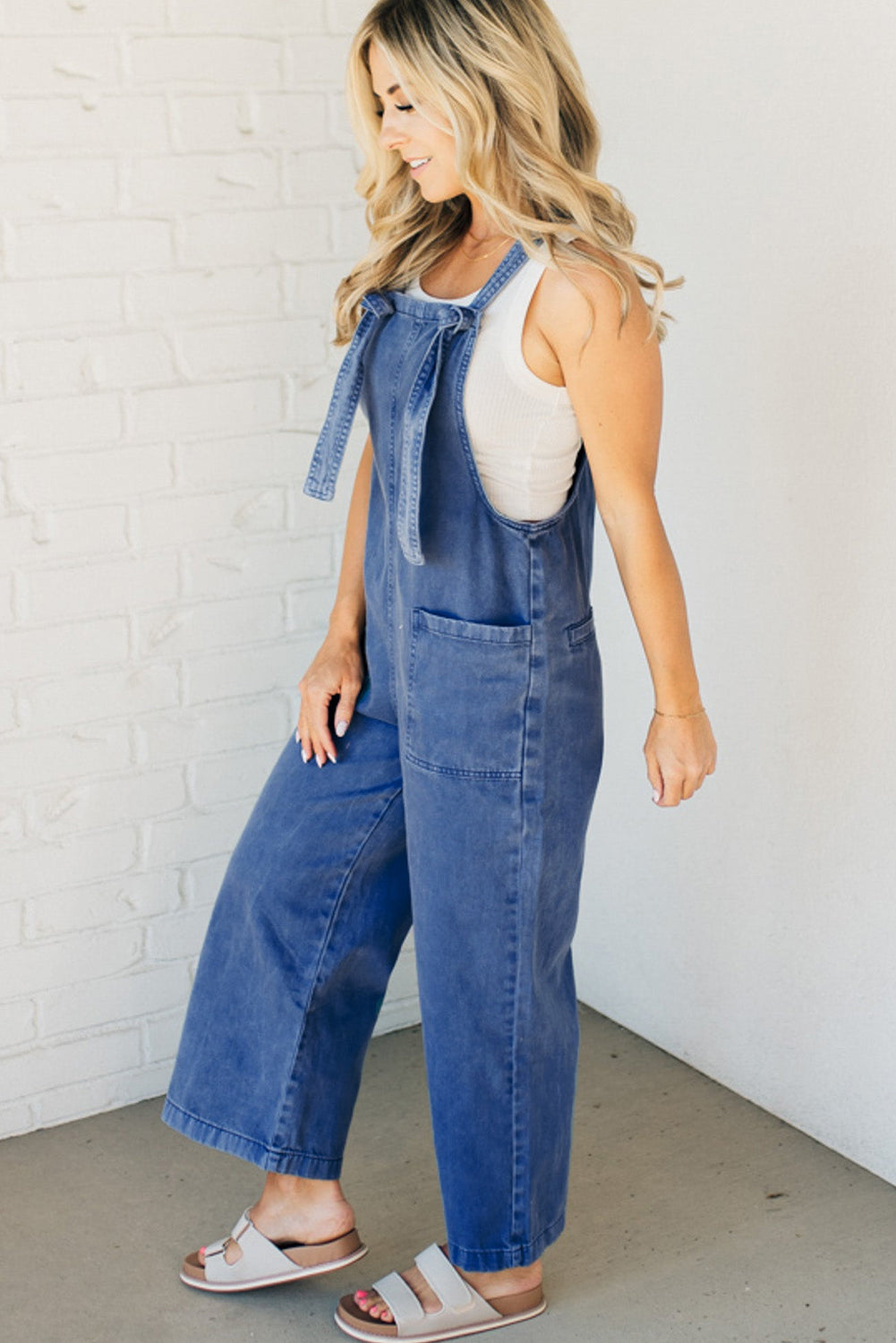 Mineral Wash Knotted Strap Patched Pocket Wide Leg Denim Overalls | Prussian Blue