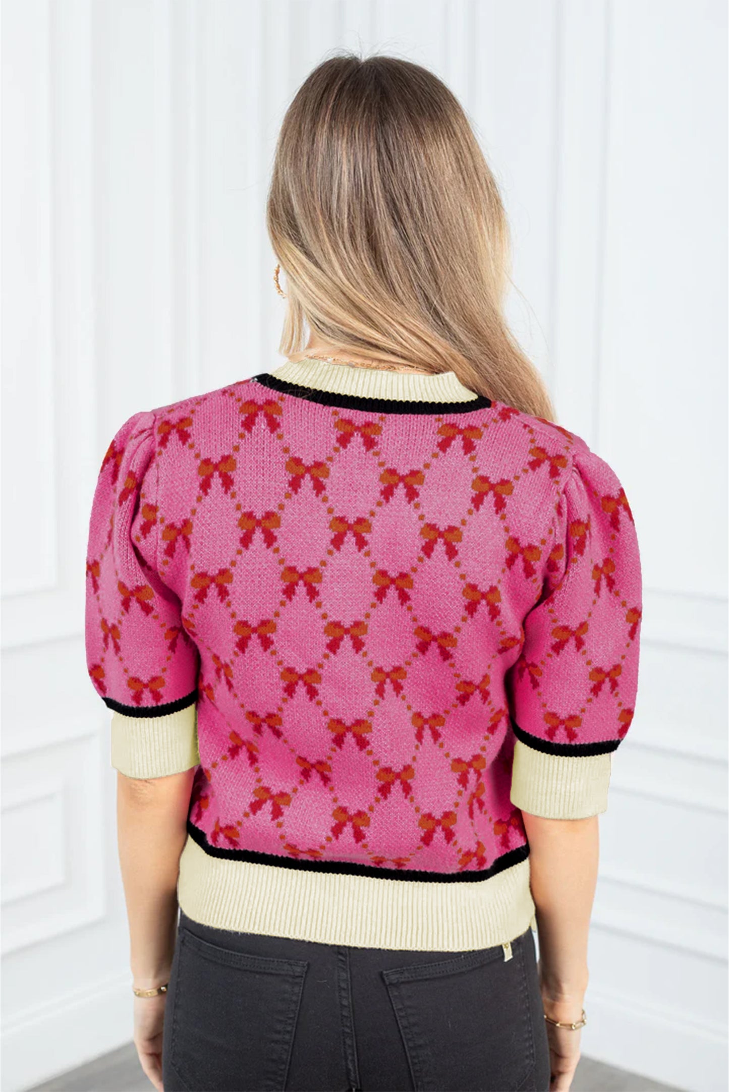 Bow Print Short Sleeve Sweater Top | Pink