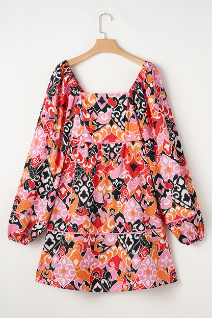 Bohemian Square Neck Puff Sleeve Mini Dress | Pink