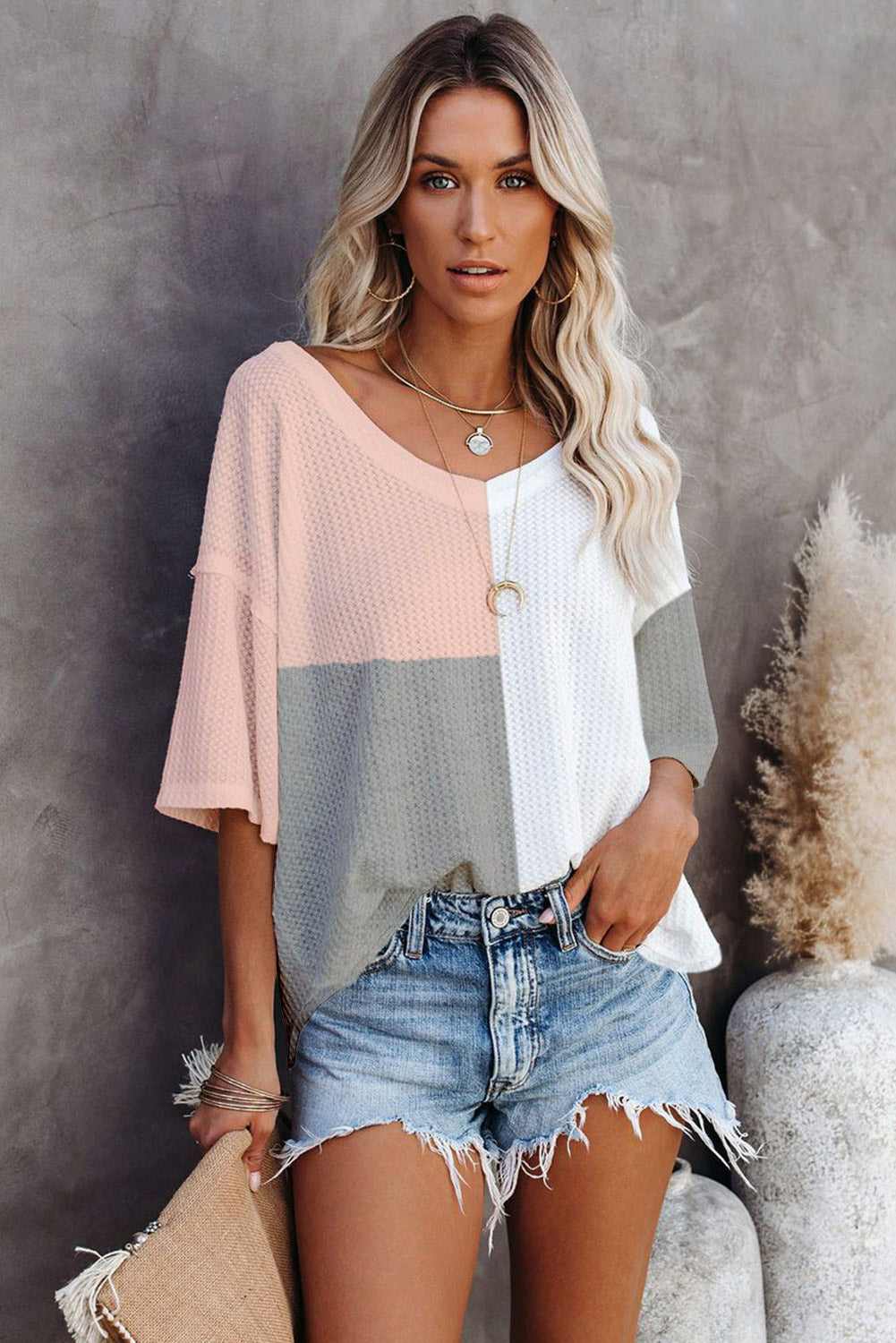 Waffle Colourblock Wide Sleeve Oversized Top | Multicolour