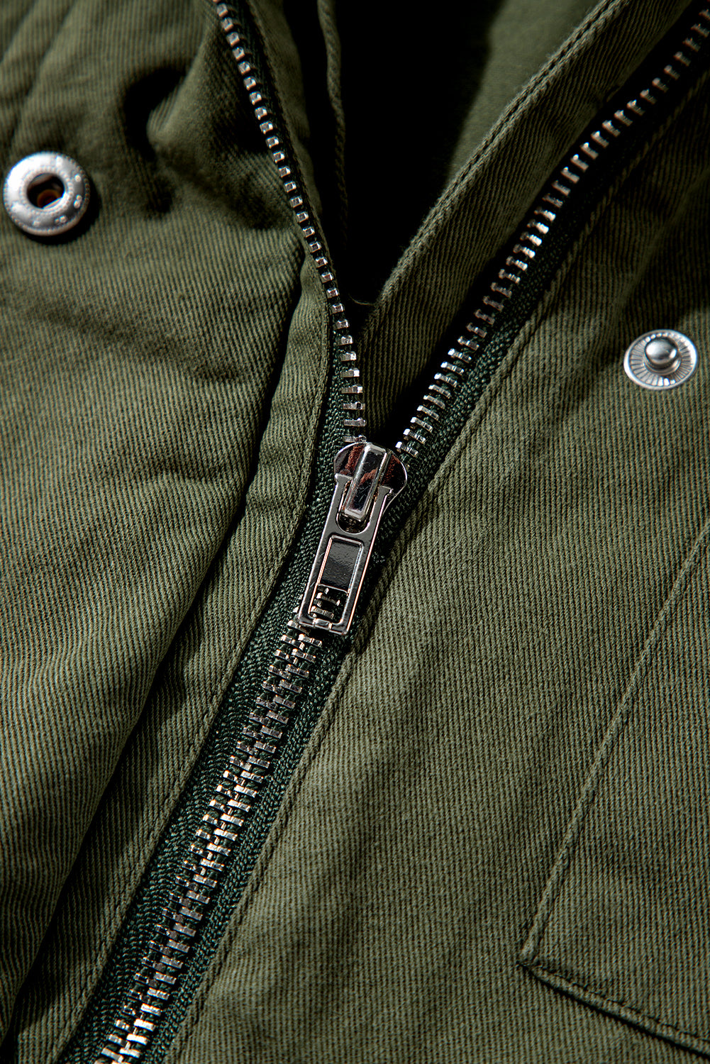 Snap Button Zipper Tight Waist Collared Jacket | Moss Green