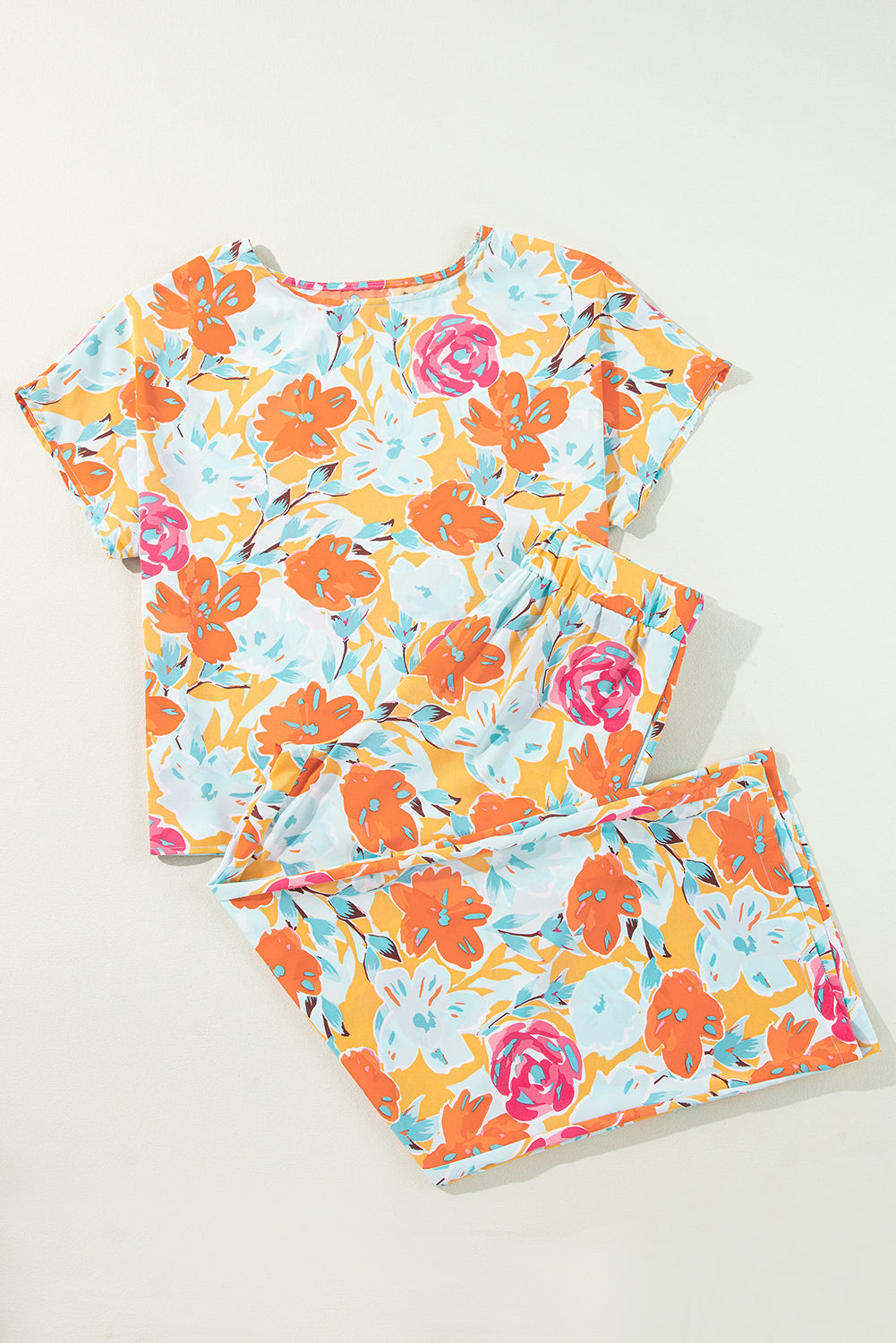 Vibrant Floral Printed Short Sleeve Top 2 Piece Pants Set | Orange