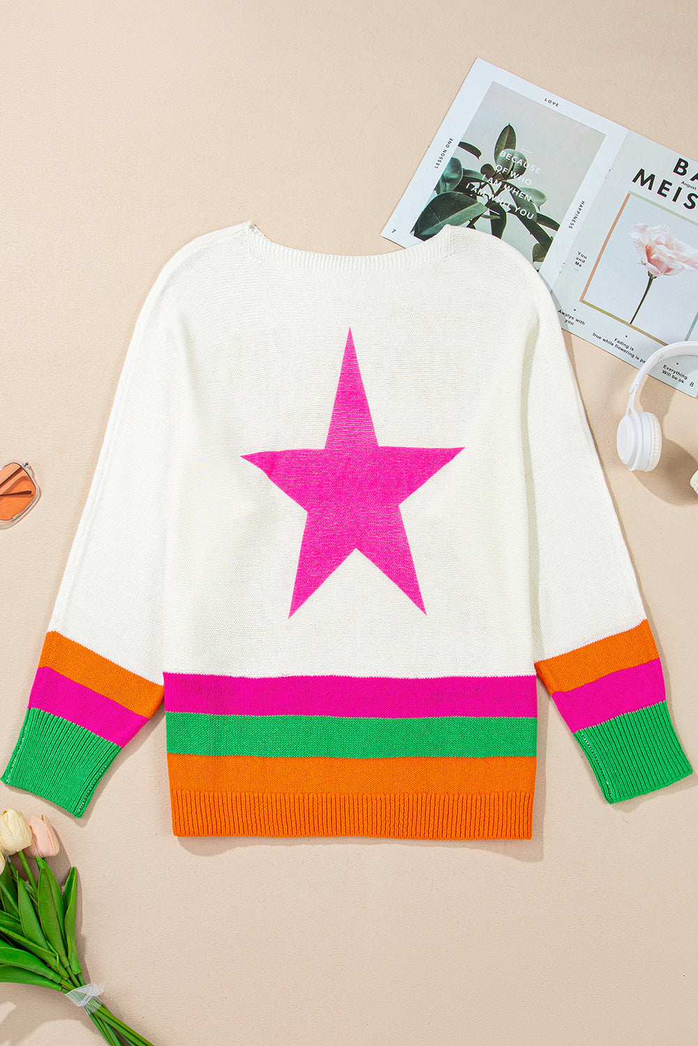 Star Pattern Colourblock Striped Edge Drop Shoulder Sweater | White