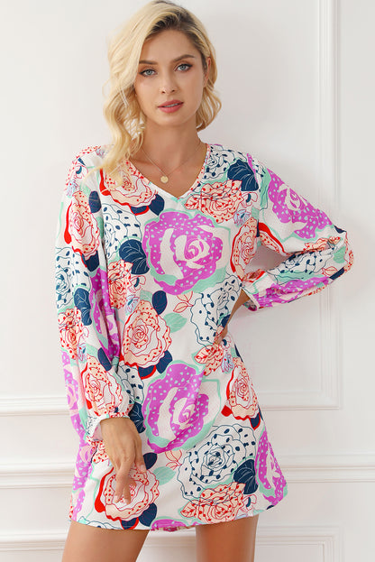 Bracelet Bubble Sleeve Blooming Flower Print Dress | Multicolour