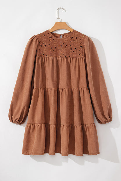 Floral Lace Crochet Tiered Ruffled Mini Dress | Chestnut