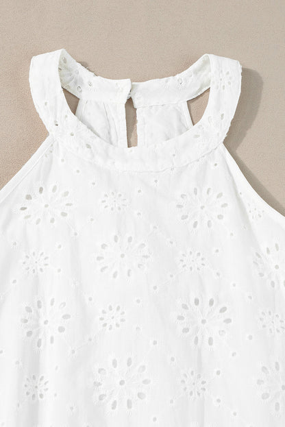 Boho Eyelet Pattern Halter Neck Sleeveless Dress | White