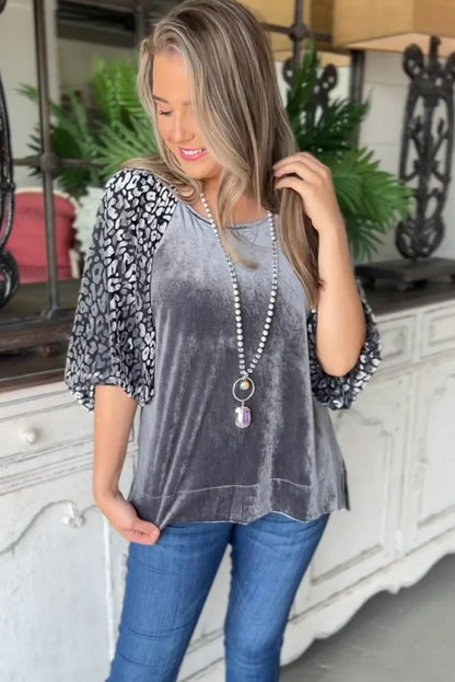 Leopard Splicing Lantern Sleeve Velvet Blouse | Medium Grey