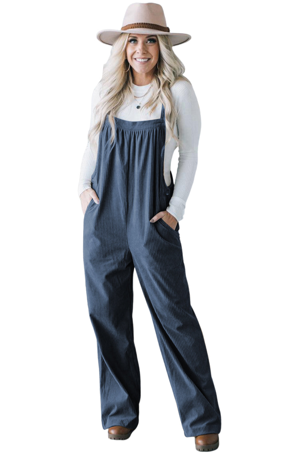 Solid Pocketed Loose Fit Corduroy Overall | Real Teal