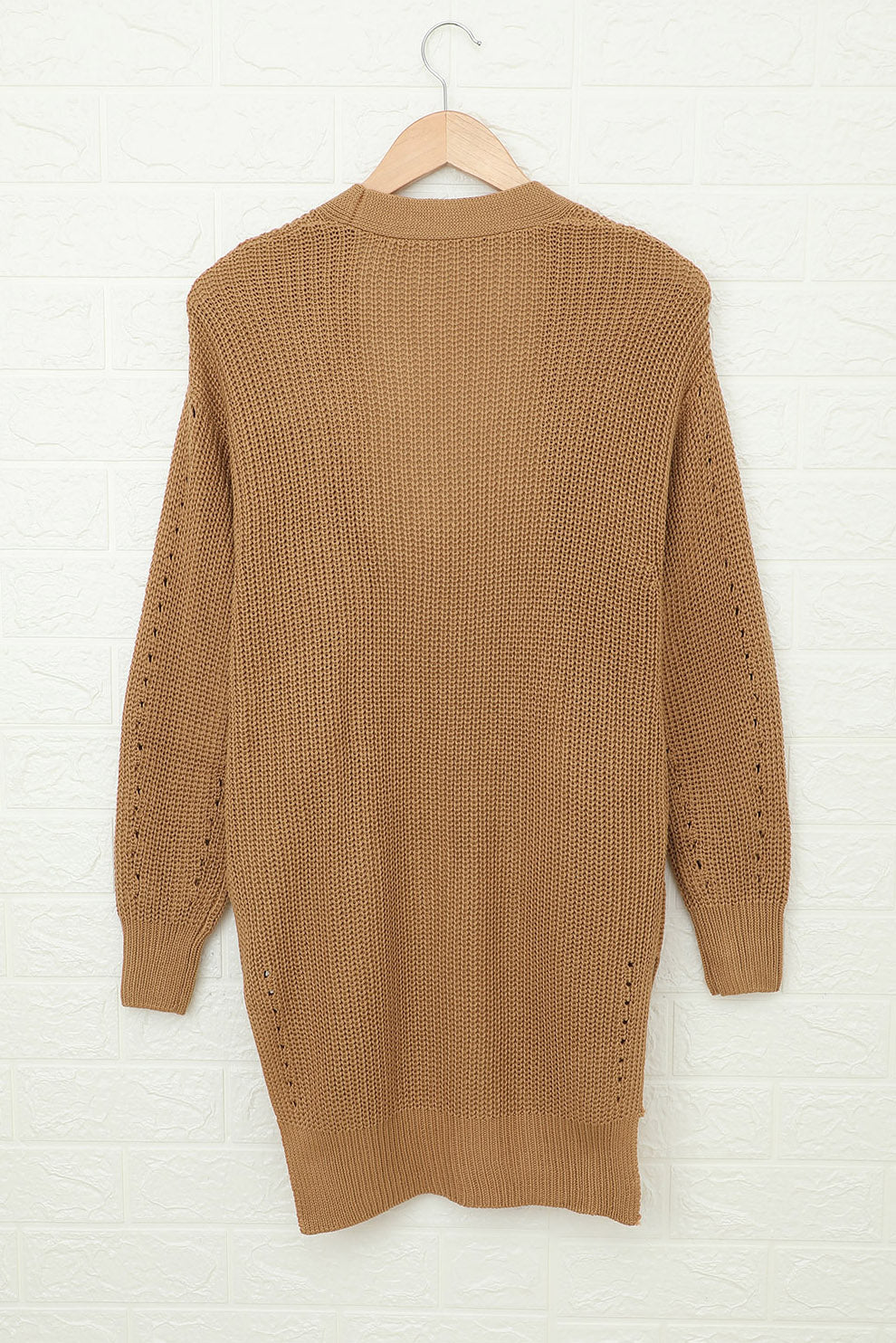 Drop Sleeve Cable Knit Cardigan With Slits | Apricot