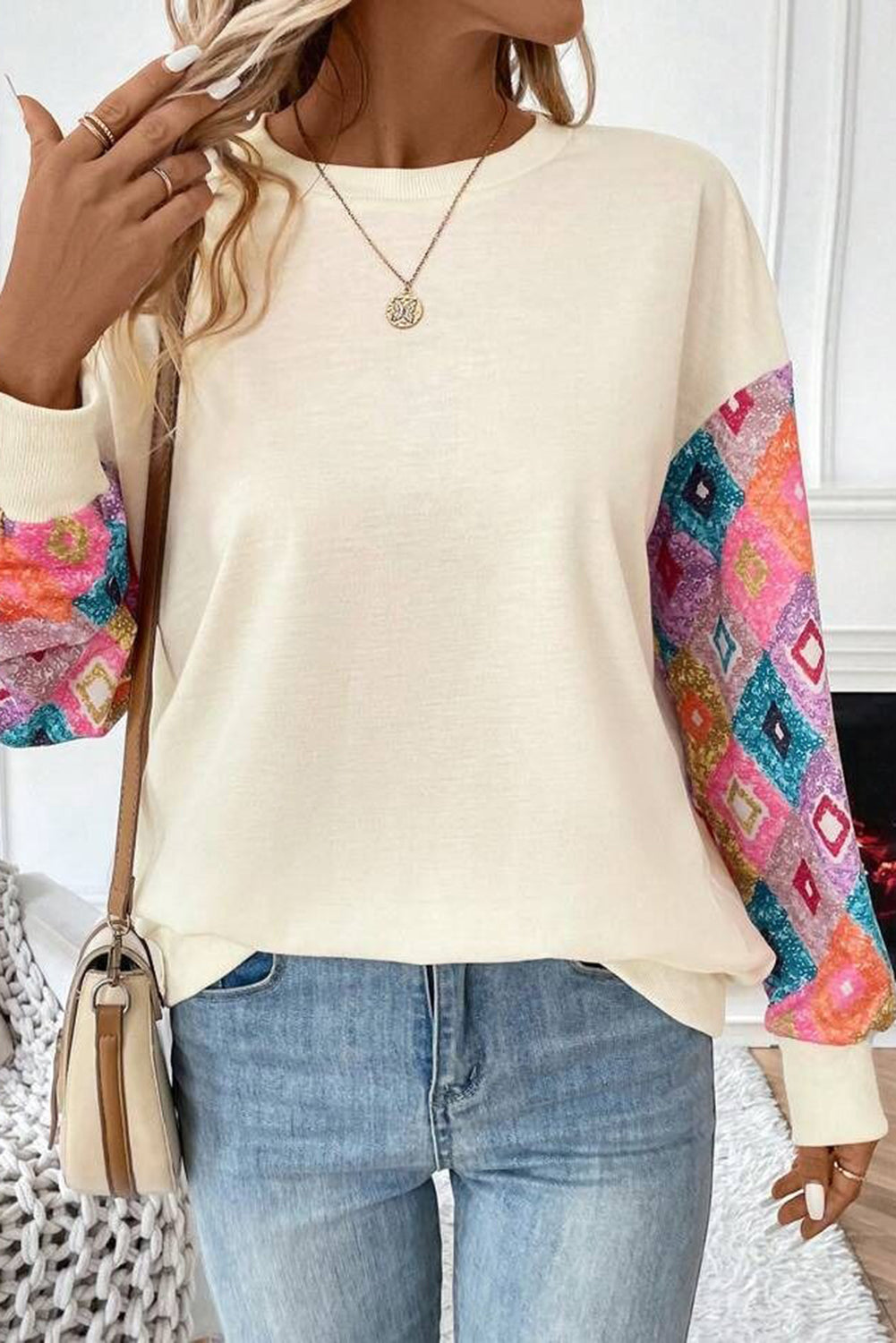 Geometric Printed Patchwork Long Sleeve Round Neck Top | Apricot