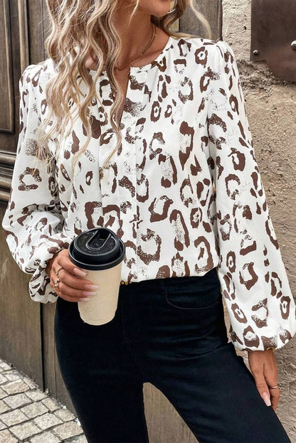 Leopard Print Split Neck Balloon Sleeve Blouse | Khaki