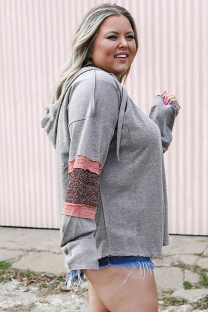 Contrast Patched Sleeve Plus Size Hoodie | Gray