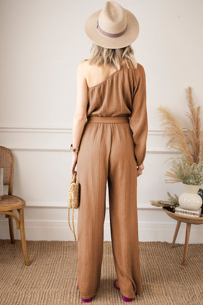 Crinkled Texture One-Shoulder Loose Jumpsuit | Khaki