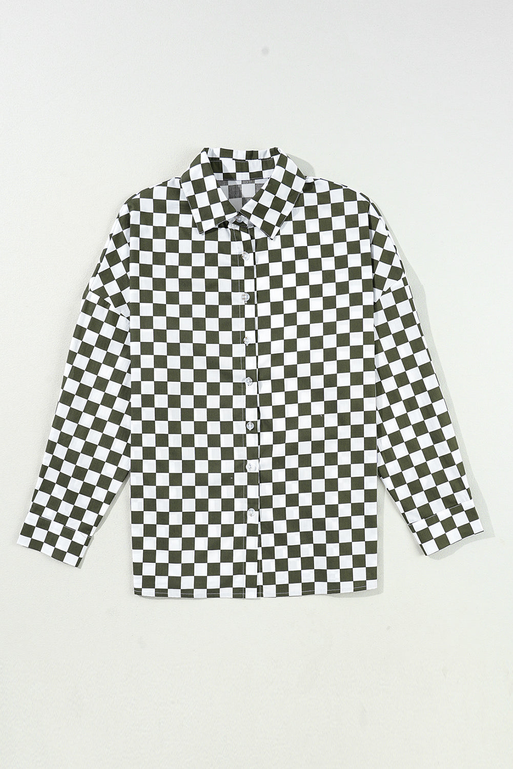 Checkerboard Printed Drop Shoulder Loose Casual Shirt | Green