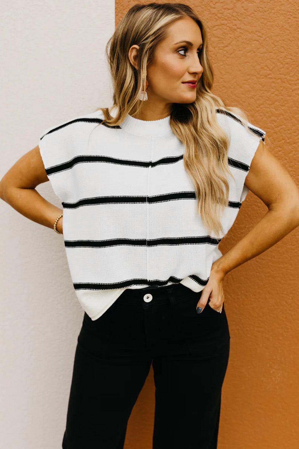 Striped Batwing Sleeve Sweater Tee | White