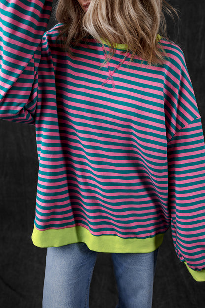 Oversized Contrast Trim Pullover Sweatshirt | Green Stripe